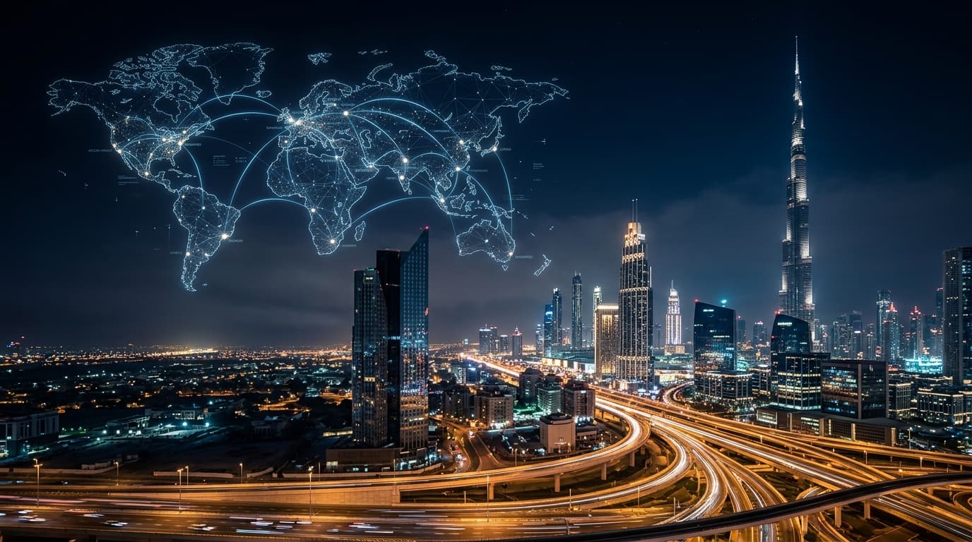 Global network and international city skyline
